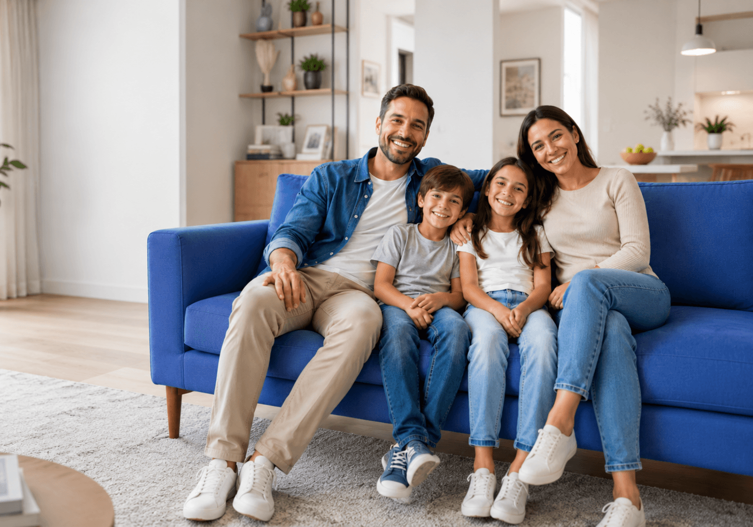 Família sorrindo em um apartamento aconchegante